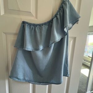 One-Shoulder Light Blue Ruffle Top